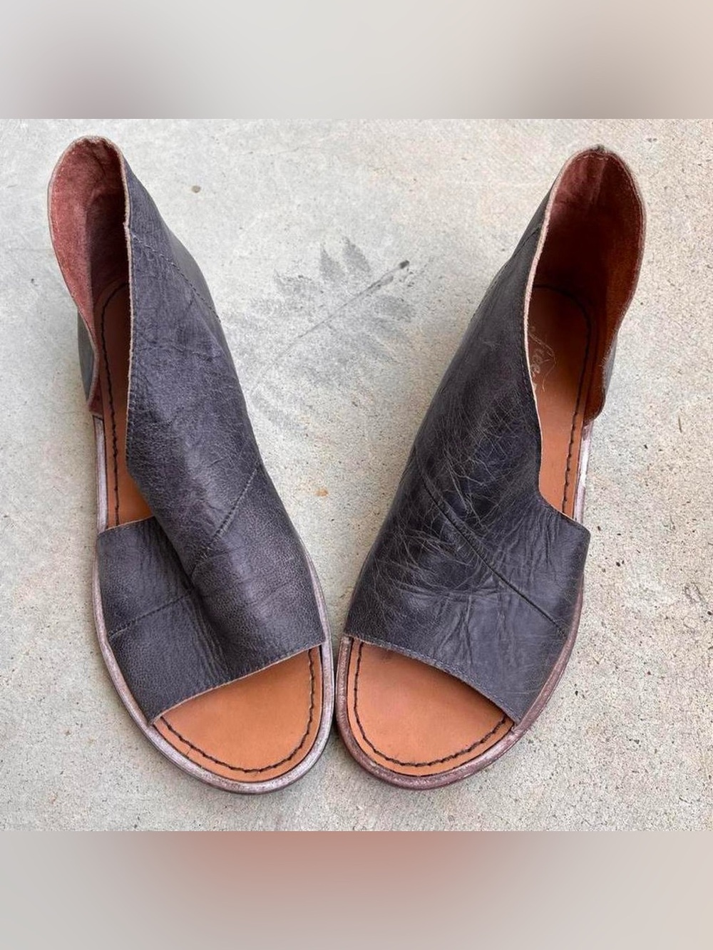 Free People soft grey slip on peep toe leather asymmetrical sandal flats 6.5